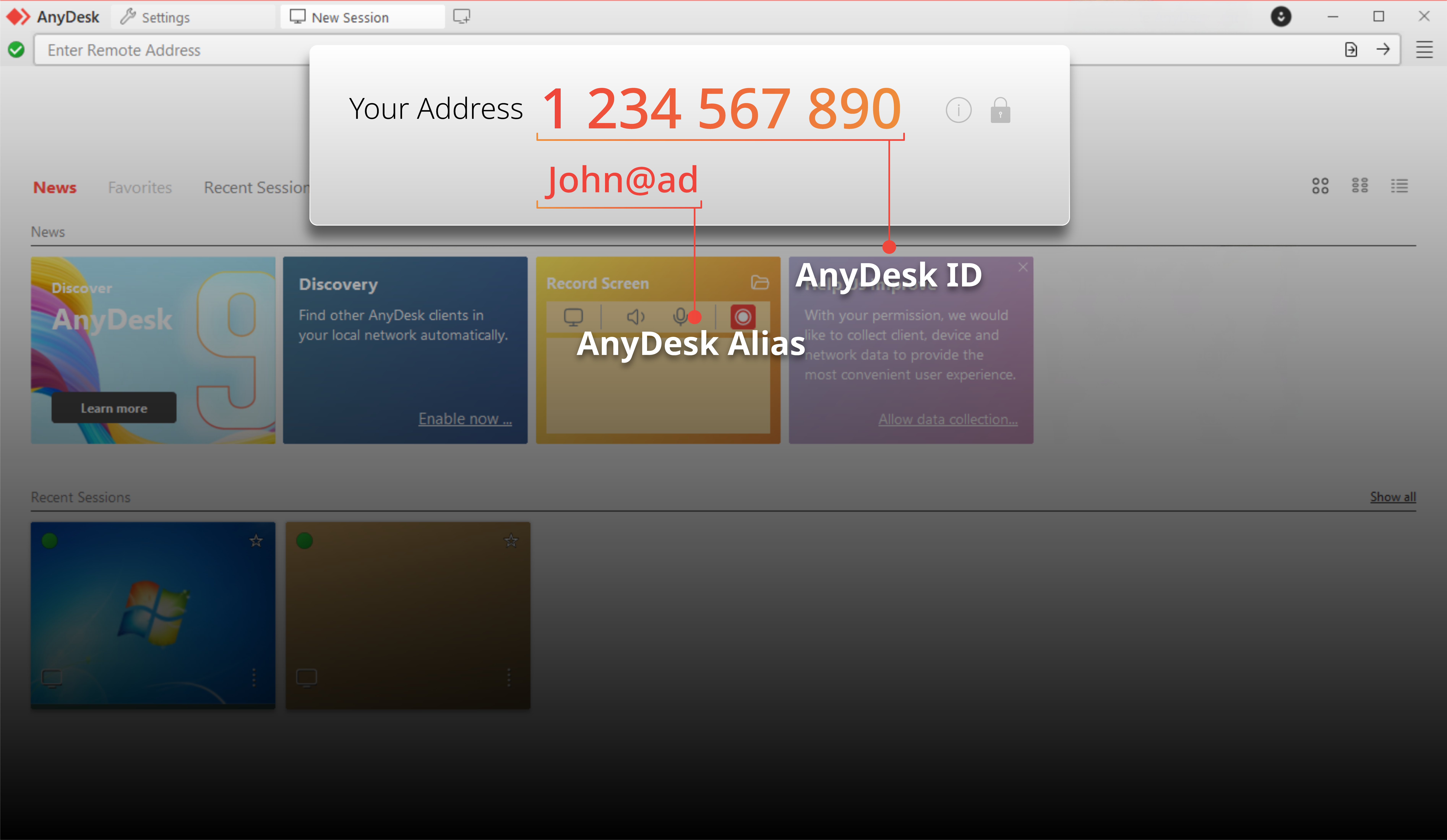 Your Addressの右側に大きく表示された9桁または10桁の数字がAnyDesk IDです。画像内の数字は見本です。