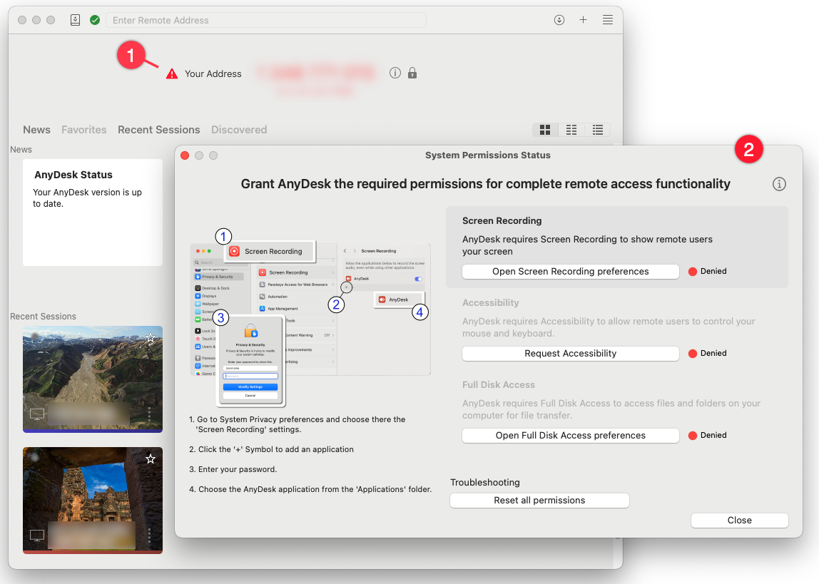 AnyDeskのSystem Permissions Status画面。Screen RecordingとAccessibilityの設定を開くボタンが表示されています。